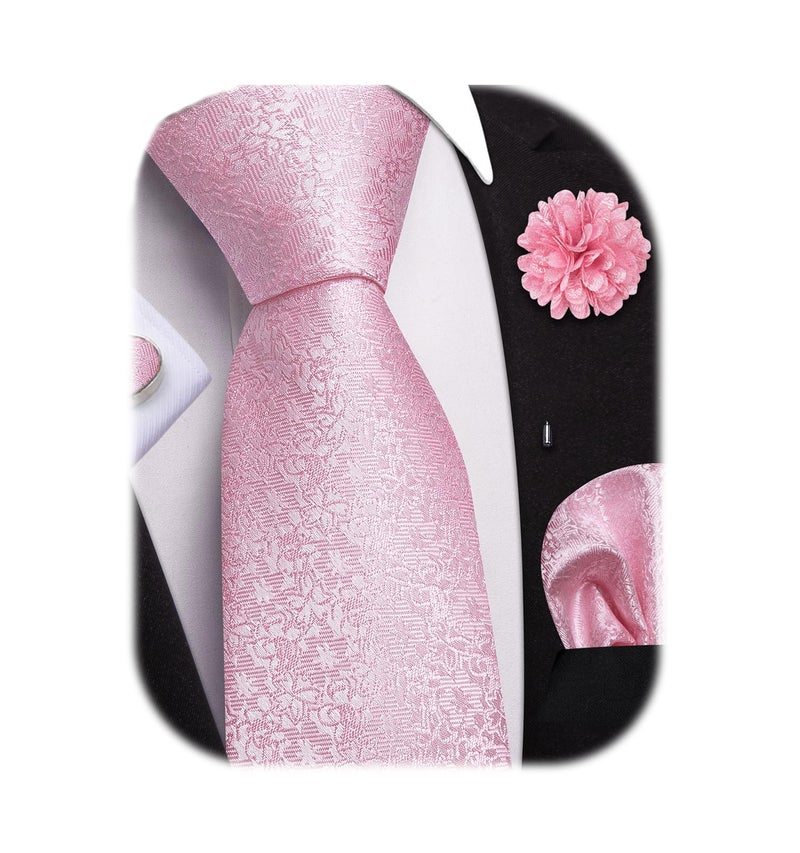 Dubulle Mens Pink Tie and Lapel Pin Paisley Striped Floral Necktie for Men Pocket Square Cufflinks Wedding Party - Image 1